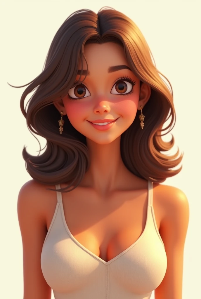 Create a Brazilian woman , Disney 3D, wearing an off white tank top, chest-length light brown hair, with a close-up capturing the harmonious beauty, showing off your natural charm and outgoing personality. 8 k quality, white background