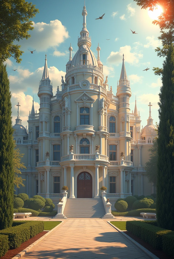 Huge Mansion seen from the front, She is a spaceship flying academy, and a shining sun and pleasant weather, very happy atmosphere 
