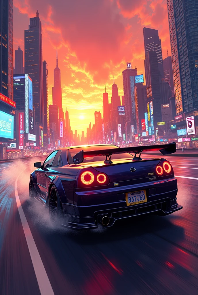 an anime style Nissan Skyline car, chased by dark silhouettes, running towards a city with a sunset and neon lights