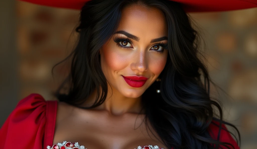 Beautiful Mexican woman in luxury charro clothing. expressive black eyes, long, lush hair that falls over her shoulders, Red lips, mischievous look and beautiful smile