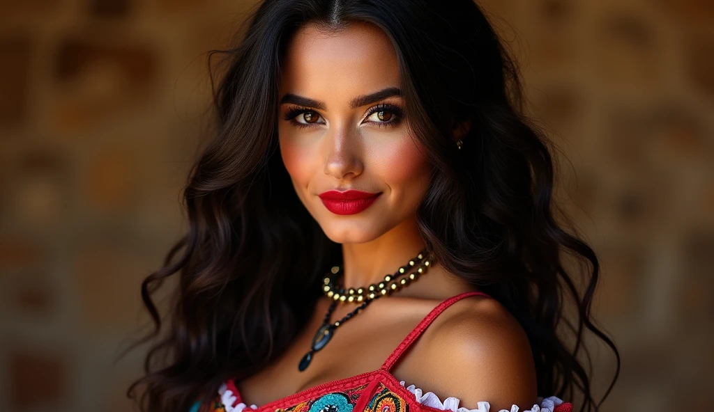 Beautiful Mexican woman in luxury charro clothing. expressive black eyes, long, lush hair that falls over her shoulders, Red lips, mischievous look and beautiful smile