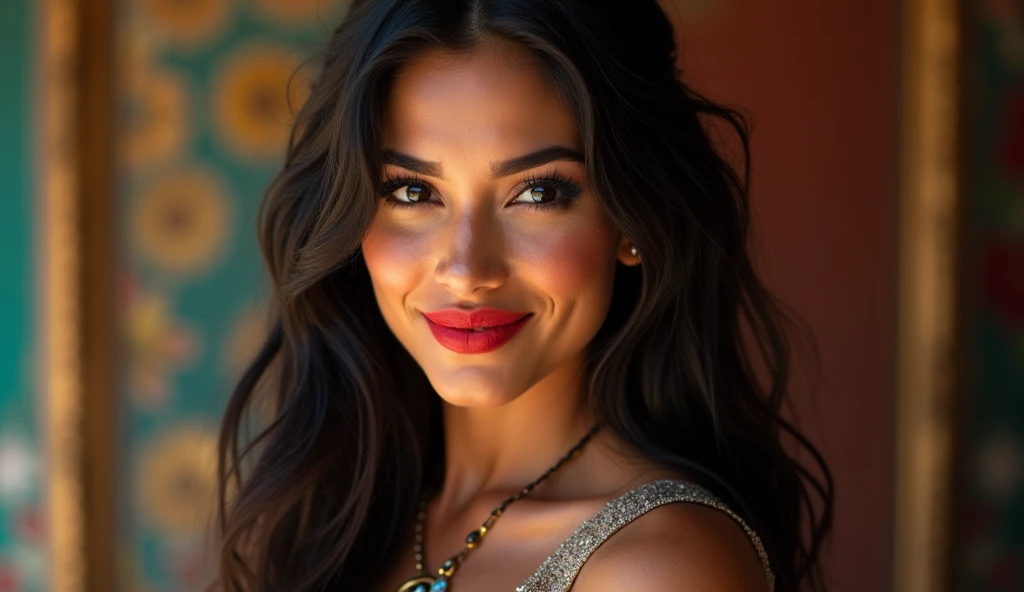 Beautiful Mexican woman in luxury charro clothing. expressive black eyes, long, lush hair that falls over her shoulders, Red lips, mischievous look and beautiful smile