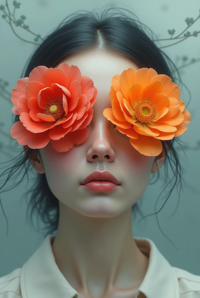 woman with two flowers covering her eyes