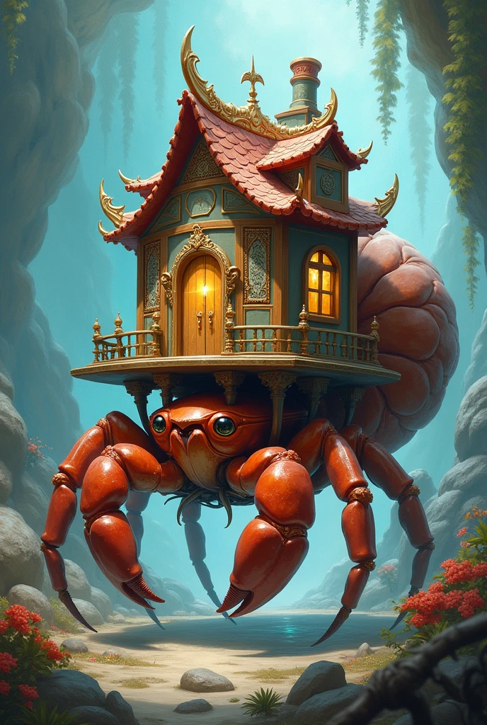 Create a hermit crab carrying an oriental house on its back in the fantasy style of Role Play Gaming with a place in the front to direct the animal
