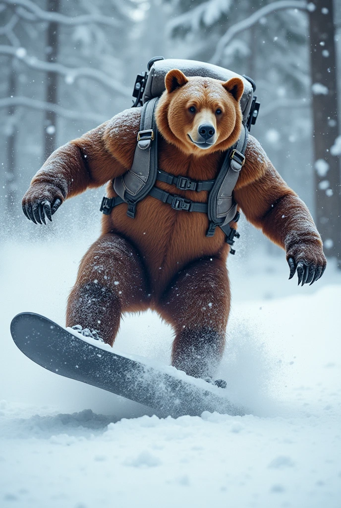 theme:Snow Scenery. sexy massive brown bear, big backpack with (wide jet wings:1.4), Performing acrobatics on a snowboard in cyberpunk style, (snow splash:1.3), sparkling and snow storm background, in Space War, dildo toy, vibrator, handcuffs, large hole, Depth, bokeh, illustration,