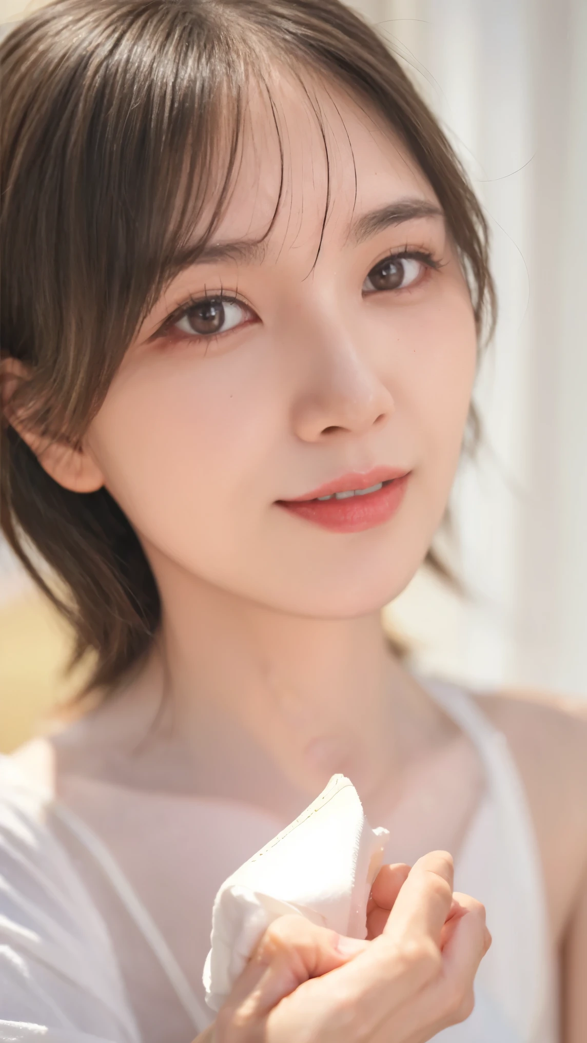 Cute Japanese Women Photos, smile:1.78, 20-year-old, oil, One Length Hair&Hair straightening balm:1.55, (photo Realistic:1.4), (hyper Realistic:1.4), (Realistic:1.3), (Smoother lighting:1.05), (Improving the quality of cinema lighting:0.9), 32K, 1 person,20-year-oldの, Realistic lighting, Backlight, The light shines on your face, Ray Tracing, (Bright light:1.2), (Improvement of quality:1.4), (Highest quality Realistic textured skin:1.4), fine grain, Detailed face,(smile:0), (Emphasis on face close-up:1.3), (Enhances the beauty of skin texture:1.1),((Extremely precise and accurate anatomy:1.0)), (Enhances the beauty of skin texture:1.1), Clean and glowing skin, mesh, thin:1.2, (Realistic:1.3), Realisticなライティング, (Smoother lighting:1.05), 32K, One Japanese woman, fine grain, Detailed face, (Film Grain:1.1),(Accentuates body lines:1.1), High resolution, Natural look, Kind eyes, Improves hair quality, Delicate light and shadow, Transparent muscles, Graceful pose, Beautiful Eyes, Sharp details, Soft light reflection, Beautiful contours, Delicate skin tone, Fine hair texture,Cute Japanese Women Photos,
