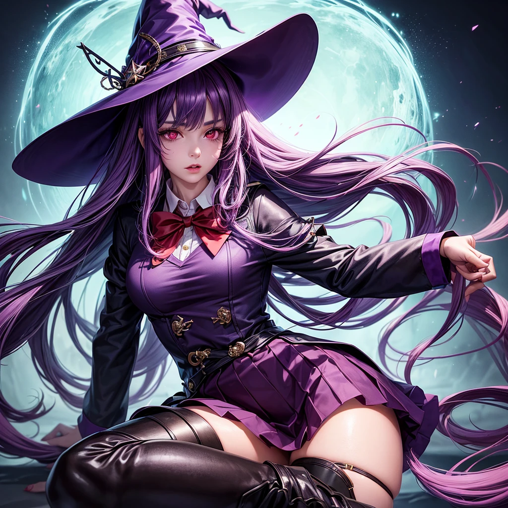 beautiful girl with long purple hair, witch hat, school uniform, long wand, boots, red bow, red eyes, about to release magic, hair tied to one side, detailed eyes, detailed lips, extremely detailed face, longeyelashes, fantasy, magical girl, cinematic lighting, vibrant colors
