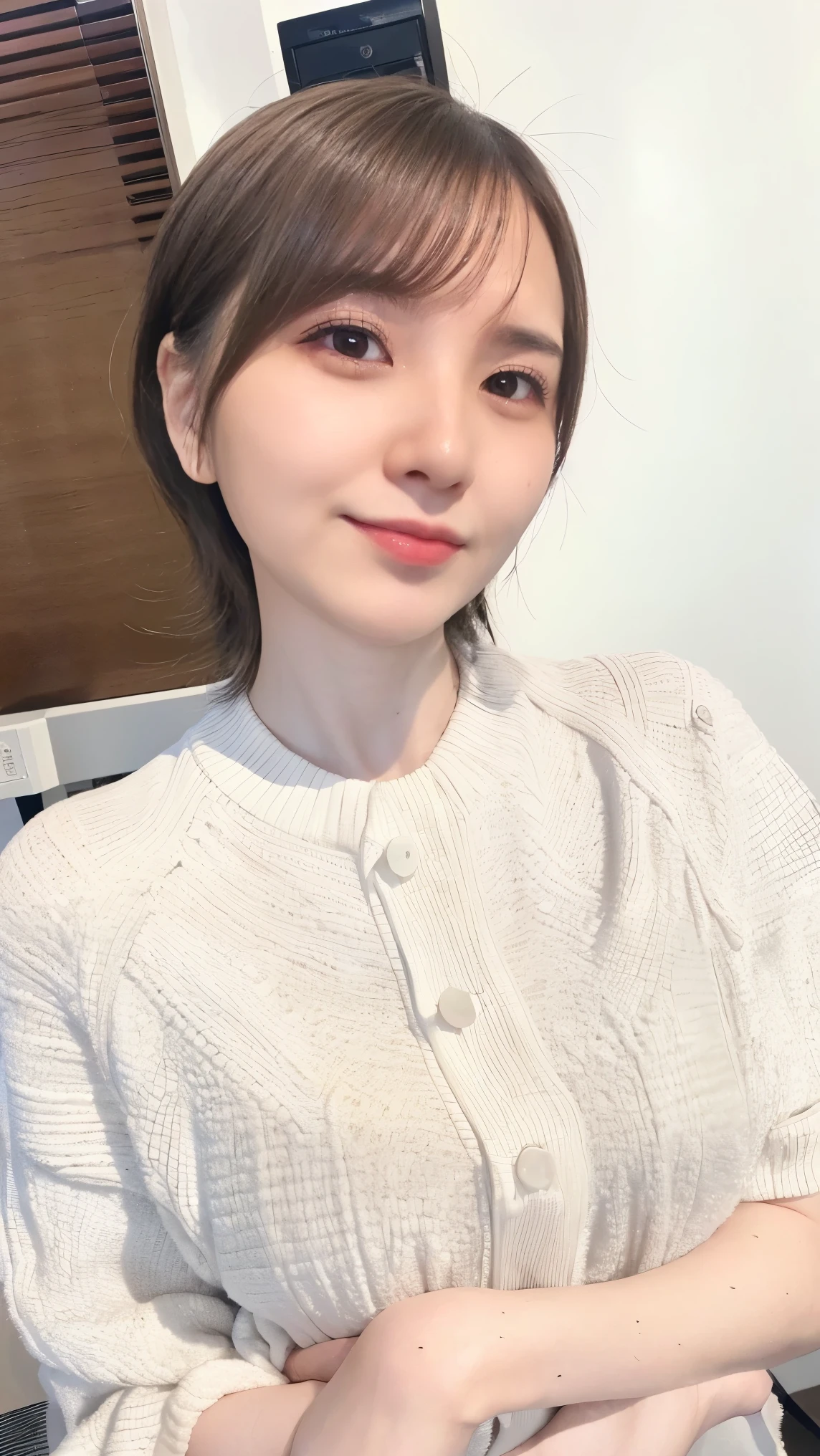 Wears short black sleeves,The Asian beauty of Biye is raised with his left hand,Carry a cross-shoulder bag,The background is a retro vibe window,There are lanterns。The chest is relatively small,Smile with your mouth closed