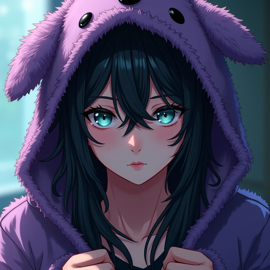 a long black-haired, teal blue-eyed sexy anime boy, wearing a cute purple animal hoodie, cover head, long black hair, front view, knees down, overlook, beautiful, masterpiece, best quality,(((hot))) ((sexy pose))) (seductive))) (shiny))) sexy male. ((((Breathtakingly handsome)) ((stunningly drawn) gothic.