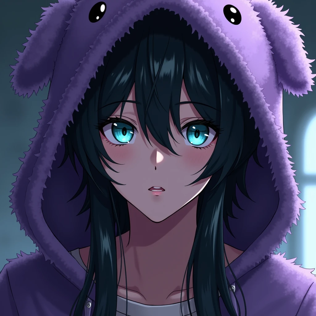 a long black-haired, teal blue-eyed sexy anime boy, wearing a cute purple animal hoodie, cover head, long black hair, front view, knees down, overlook, beautiful, masterpiece, best quality,(((hot))) ((sexy pose))) (seductive))) (shiny))) sexy male. ((((Breathtakingly handsome)) ((stunningly drawn) gothic.