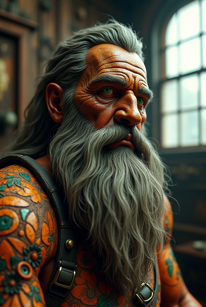 Bearded mountain man Intricate details insanely artwork Wooden painted man, 3D effect ultra-detailed intricate insanely Heart, museum room, green glass eyes, Carved in wood, painted with bright colors., indie film screencap, dramatic angle, , found footage, (steampunk), (cyberpunk aesthetic), (retrofuturism, atompunk), heroic proportions, window behind,