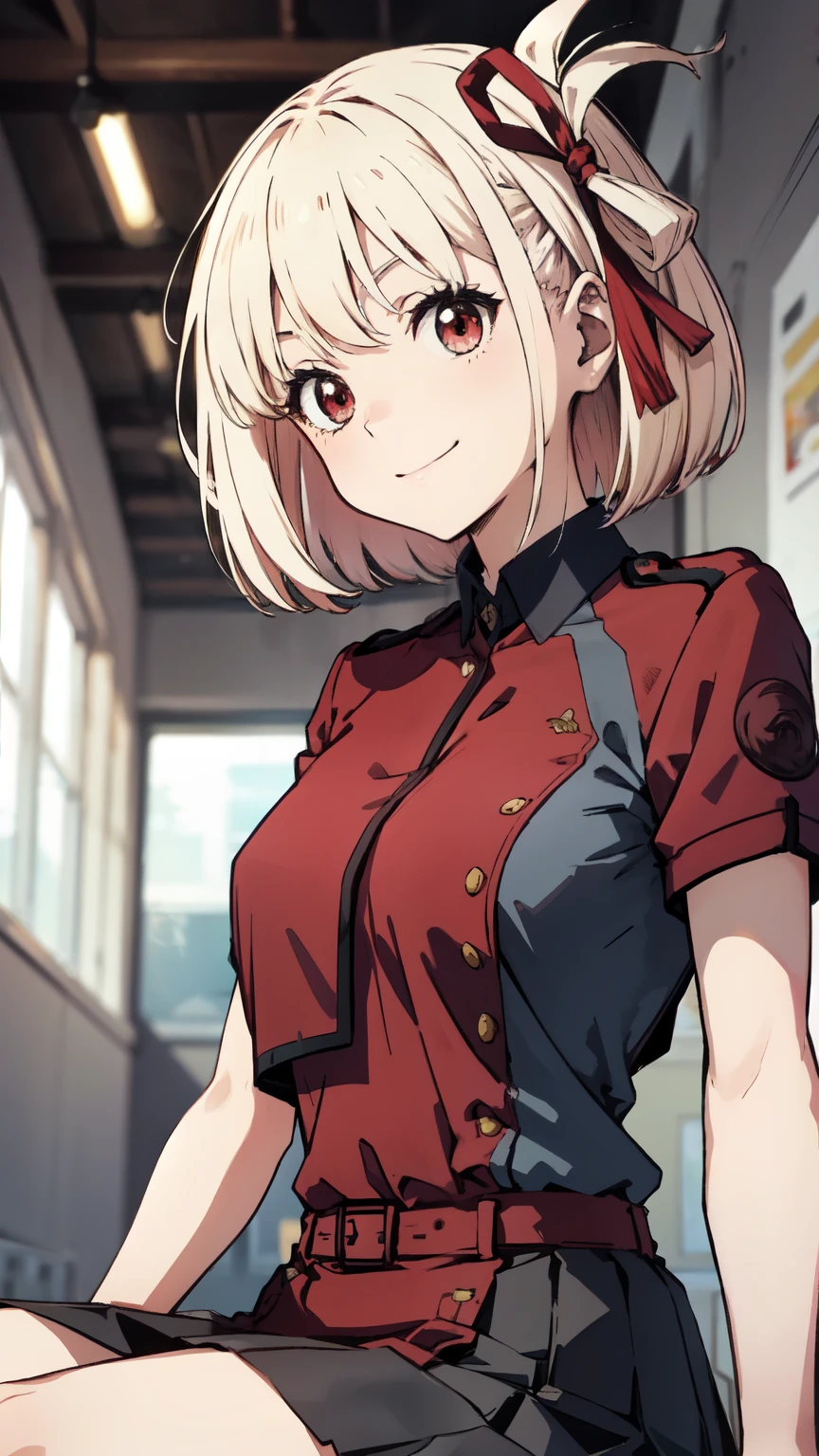 Chisato_Nishikigi_\(Licorice_recoil\), masterpiece, Highest quality,One person, alone, bangs, Left hair ribbon, (Medium chest:1.4), Red eyes, short hair, smile, alone, Gray Hair, (Strapless:1.1), (low angle shot:1.2), (uniform:1.2), (Partially_Button unbuttoned:1.1), (External dilated chest:1.2), skirt, No background,Sitting on the ground,