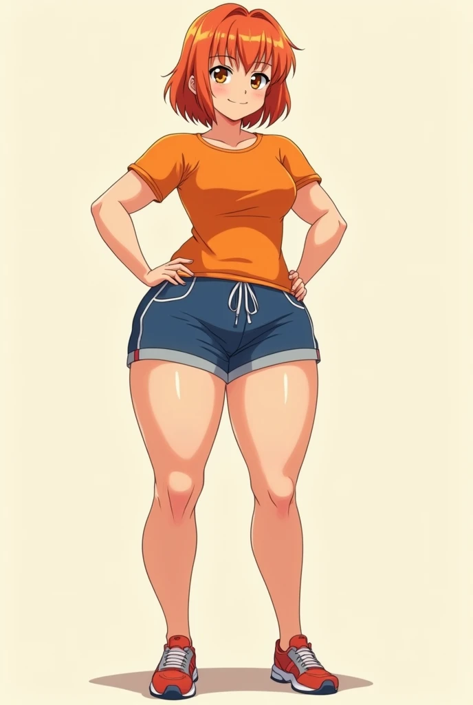 an anime girl standing, anime girl, cell shaded adult animation, shorts, orange hair, solo, short hair, smile, full body, 4k hd, legs visible, tall, blue shorts and an orange shirt, brown eyes, 1girl, in black Flats, 4k hd, big breasts, muscle girl, a beautiful voluptuous woman with a curvy body, hard details