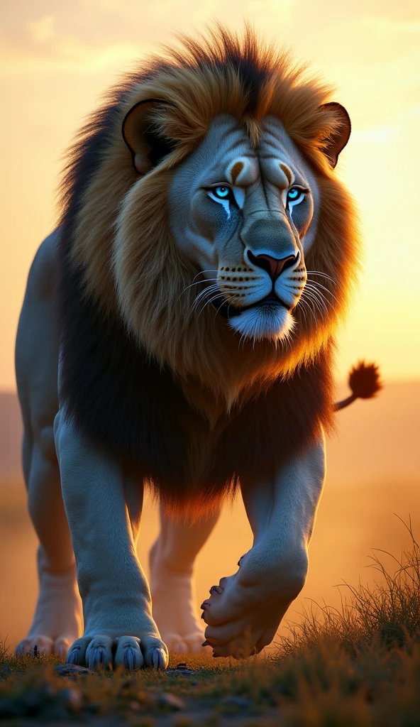 Generate an ultra realistic 8k image of a big strong blue-eyed lion  