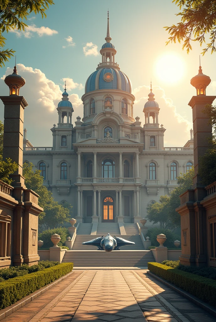 Huge Mansion seen from the front, She is a spaceship flying academy, and a shining sun and pleasant weather, very happy atmosphere 