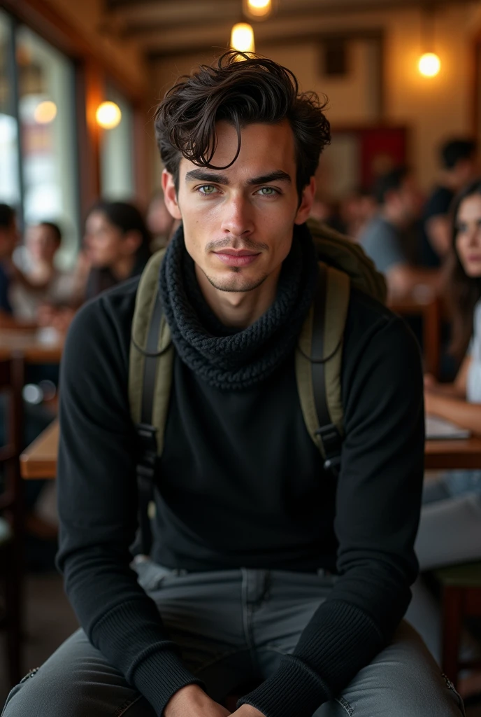 (photorealism:1.2), (8k), (high quality) (detailed), (photorealism:1.2), (8k) (detailed) (Whole body)(man) facial features: Square face with a marked jaw, prominent cheekbones and thick, dark eyebrows. Adds youth to your appearance.hair: hair oscuro, usually combed back or styled slightly tousled, which can vary between short and medium.eyes: eyes verdes oscuros, with a penetrating look that expresses confidence, with cross-shaped hoops on each side.Complexion: slim and well defined. Height 1.80, which gives it an imposing presence.style: Your style of dress: chompa negra, cotton pants and a backpack, chalina.Skin tone: Skin tone bronceado, typical of the Mediterranean.Expression: He usually has a serious or concentrated expression., Although he can display a charming and confident smile.(sitting in a restaurant in Cusco next to a woman's hands)