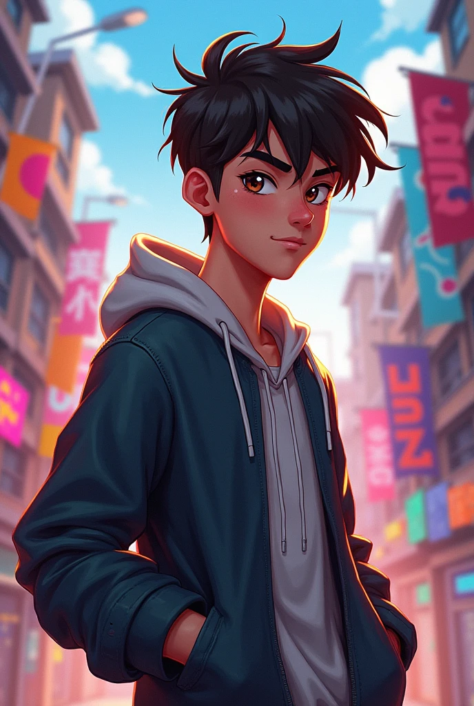A young man with a mischievous expression, his head slightly tilted, and a knowing smile on his face. He’s dressed in casual streetwear, and the background features a dynamic mix of geometric shapes and bright colors."