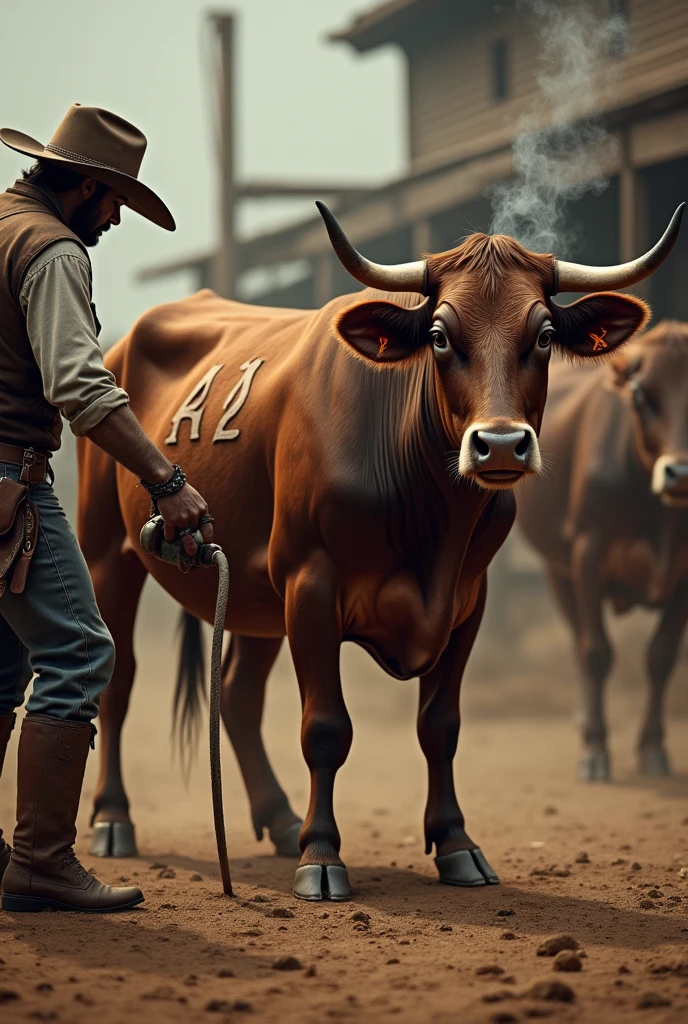Cattle branding with the letters L, A and the number 27