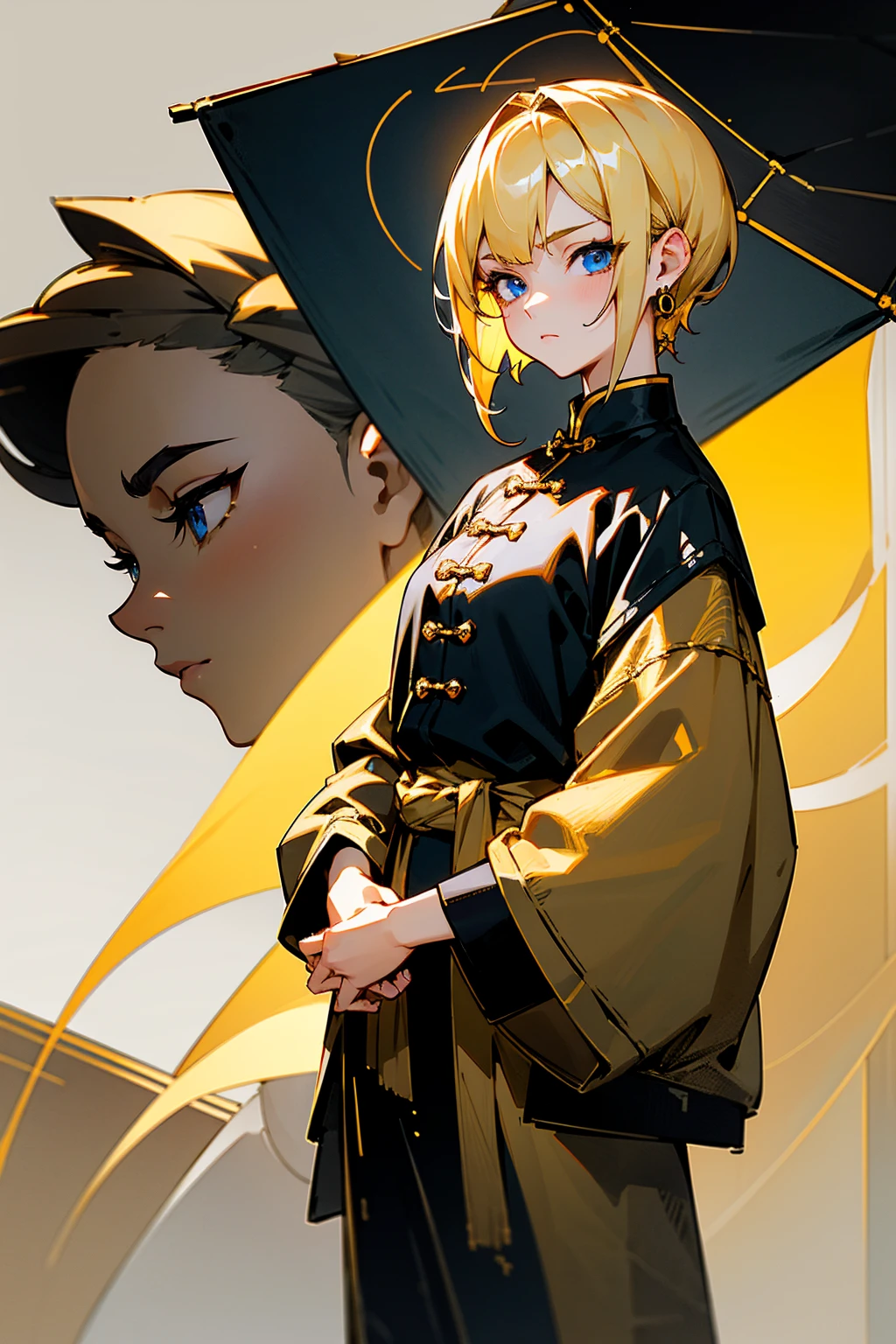 1female, blonde hair, let down hair, short sideswept hair, blue eyes, detailed eyes, calm expression, black and gold chinese emroidered jacket, white shirt, black baggy paants, mature, dangling gold earrings, , simple foggy background, hands to side, standing on path, detailed face