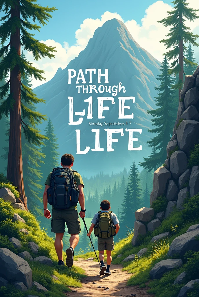 An image with text to invite people to a hiking activity with reforestation. The activity will be called "path through life" and will take place on Saturday, September 7. Invite "Guardians of Xico Mountain" and the route will be intermediate level/advanced. The image size should be suitable for a Facebook post and should have a mountain background, with forest and rocks, as well as elements that refer to mountain hiking.