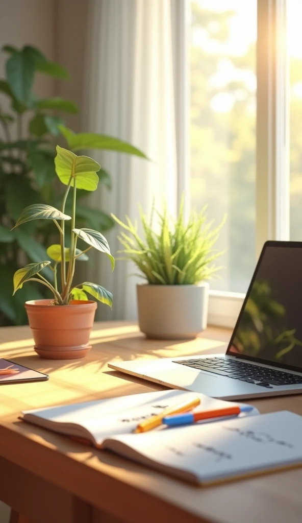 (photorealism:1.2), A bright study desk bathed in natural sunlight streaming through a nearby window. The desk is neatly organized, with an open laptop, a notebook with handwritten notes, and a few colorful pens arranged to the side. A potted plant sits at the corner of the desk, adding a touch of greenery to the scene. The background shows a sunlit room with light curtains gently swaying, hinting at a slight breeze. The overall atmosphere is fresh and energizing, perfect for a productive daytime study session
