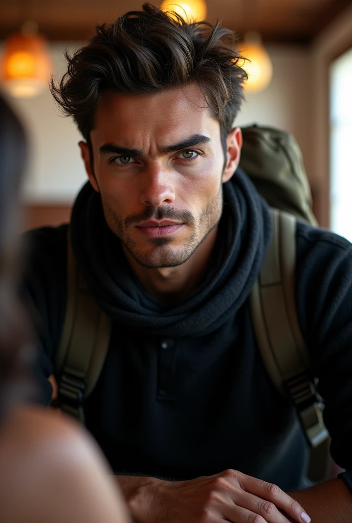 (photorealism:1.2), (8k), (high quality) (detailed), (photorealism:1.2), (8k) (detailed) (Whole body)(man) facial features: Square face with a marked jaw, prominent cheekbones and thick, dark eyebrows. Adds youth to your appearance.hair: hair oscuro, usually combed back or styled slightly tousled, which can vary between short and medium.eyes: eyes verdes oscuros, with a penetrating look that expresses confidence, with cross-shaped hoops on each side.Complexion: slim and well defined. Height 1.80, which gives it an imposing presence.style: Your style of dress: chompa negra, cotton pants and a backpack, chalina.Skin tone: Skin tone bronceado, typical of the Mediterranean.Expression: He usually has a serious or concentrated expression., Although he can display a charming and confident smile.(sitting in a restaurant in Cusco next to a woman&#39;s hands)
