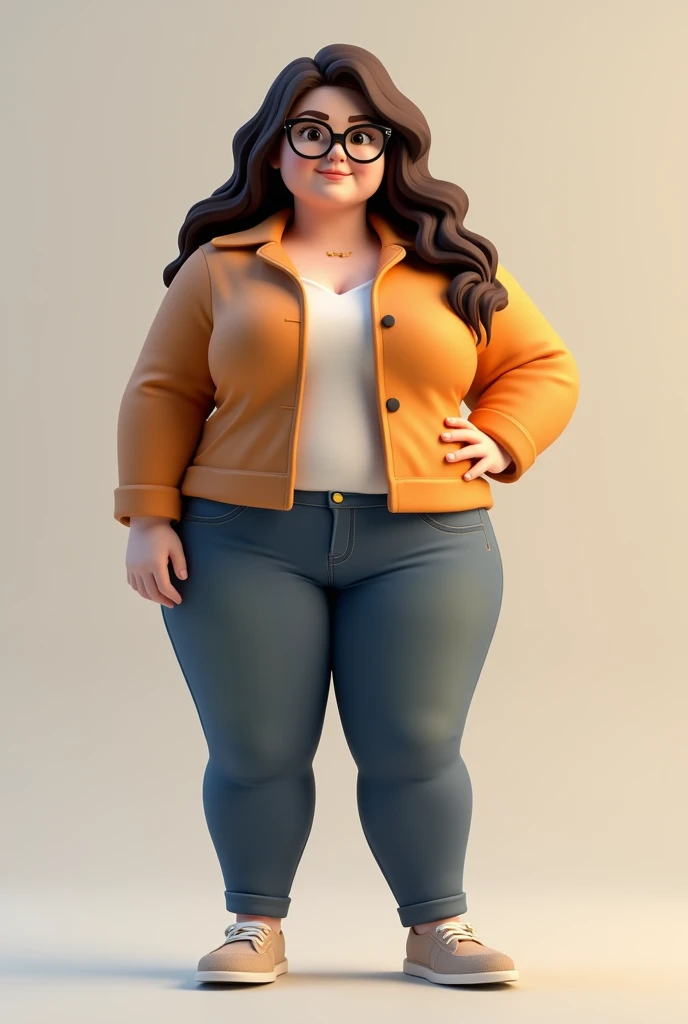 Avatar woman brunette black hair fat round face 3d glasses full body decent