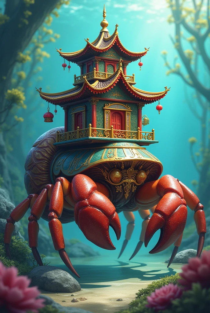 Create a hermit crab carrying an oriental house on its back in the fantasy style of Role Play Gaming with a place in the front to direct the animal out of the water