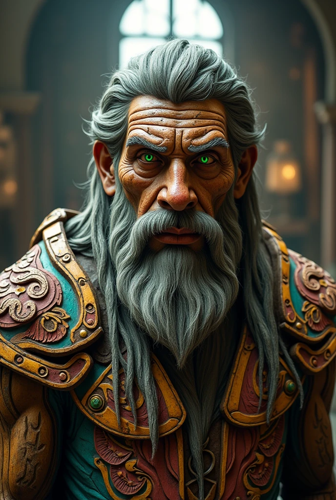Bearded mountain man Intricate details insanely artwork Wooden painted man, 3D effect ultra-detailed intricate insanely Heart, museum room, green glass eyes, Carved in wood, painted with bright colors., indie film screencap, dramatic angle, , found footage, (steampunk), (cyberpunk aesthetic), (retrofuturism, atompunk), heroic proportions, window behind,