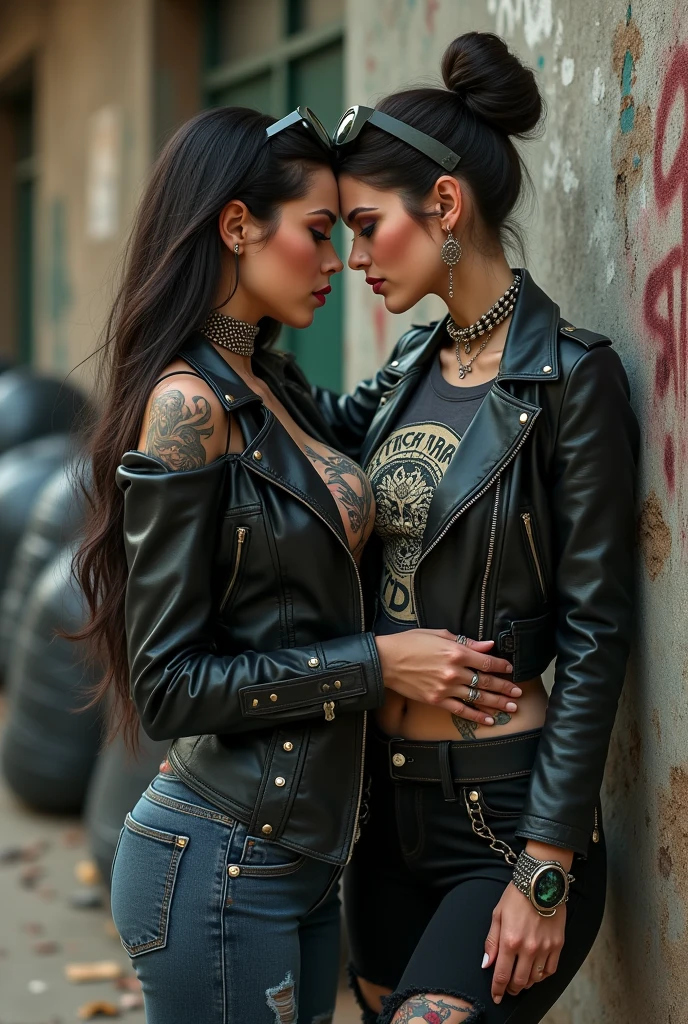 Two russian milf women,  the taller dominant one with the arm over the shoulder of the submissive smaller one {seducing her) and grabbing her arm with the other hand.  grey hair (one: bouffant, top bun. The other, straight and middle part}and one wearing oversized square sunglasses and studded headband), with very light green eyes, extremely pale. Big lips. No tan. Wearing aged black moto jacket (zippers on the side, skull and bones pins).  Both: old worn dark grey t-shirt with witchcraft logos. Both,, dark skinny low rise grey jeans with holes on knees ( patched with colourful fabric). Both:,  dark grey worn jeans {with holes on knees) tucked in black leather knee high boots. . Lots of thick wide studded bracelets, chain collars and big rings. Both, high boots. Tacky wide studded leather belt with big skull and bones oval buckle. Long earrings with chains and feathers. Walking with hands in pockets, stretching her neck, craving., Neck, chest, stomach and wrists heavily tattoed. Toned abdominals, thin neck, slim legs and thin arms. Narrow hips and slim legs.  Black leather studded tote bags. Graffitied wall behind, waste on the groun and piled garbage bags around.