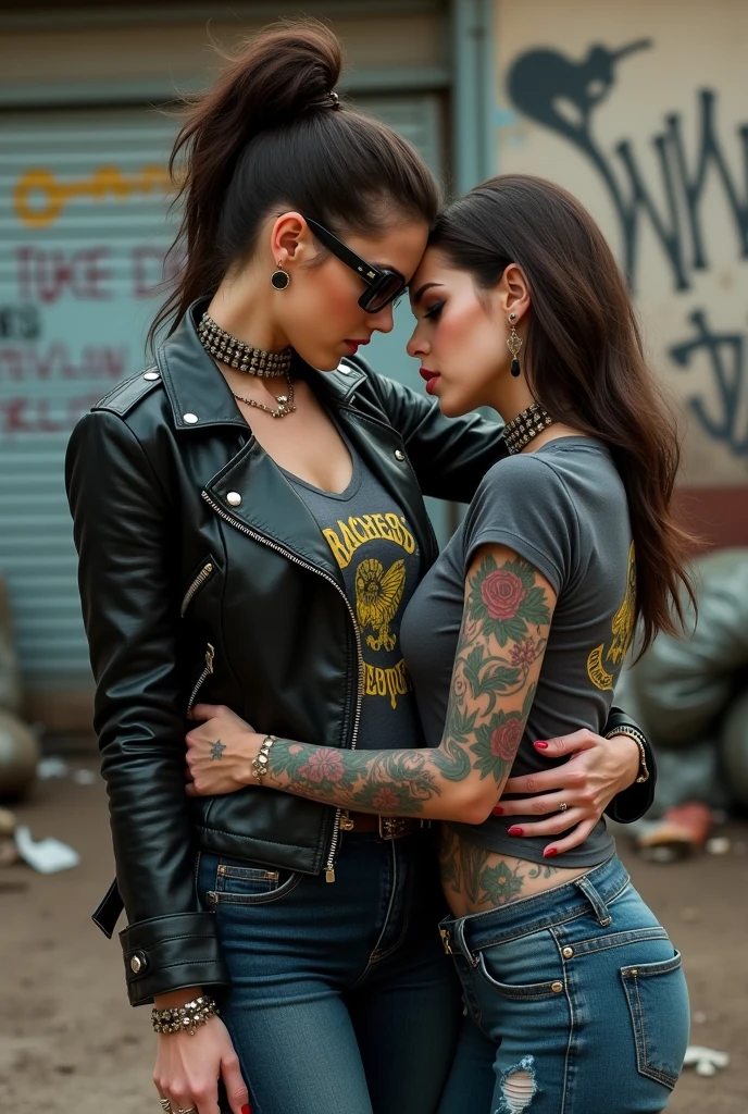Two russian milf women, the taller dominant one with the arm over the shoulder of the submissive smaller one {seducing her) and grabbing her arm with the other hand. grey hair (one: bouffant, top bun. The other, straight and middle part}and one wearing oversized square sunglasses and studded headband), with very light green eyes, extremely pale. Big lips. No tan. Wearing aged black moto jacket (zippers on the side, skull and bones pins). Both: old worn dark grey t-shirt with witchcraft logos. Both,, dark skinny low rise grey jeans with holes on knees ( patched with colourful fabric). Both:, dark grey worn jeans {with holes on knees) tucked in black leather knee high boots. . Lots of thick wide studded bracelets, chain collars and big rings. Both, high boots. Tacky wide studded leather belt with big skull and bones oval buckle. Long earrings with chains and feathers. Walking with hands in pockets, stretching her neck, craving., Neck, chest, stomach and wrists heavily tattoed. Toned abdominals, thin neck, slim legs and thin arms. Narrow hips and slim legs. Black leather studded tote bags. Graffitied wall behind, waste on the groun and piled garbage bags around.