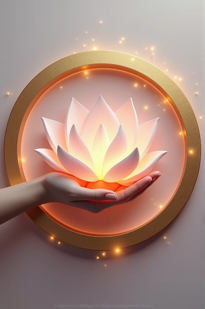 Un logo très détaillé hyper réaliste d'une main tenant une belle fleur de lotus revisité améliorée encore jamais vue, des étincelles et des lueurs doré 
Le tout dans un cercle double parois 
Fond clair et couleur pastel pas d'arrière plan en dehors du cercle 