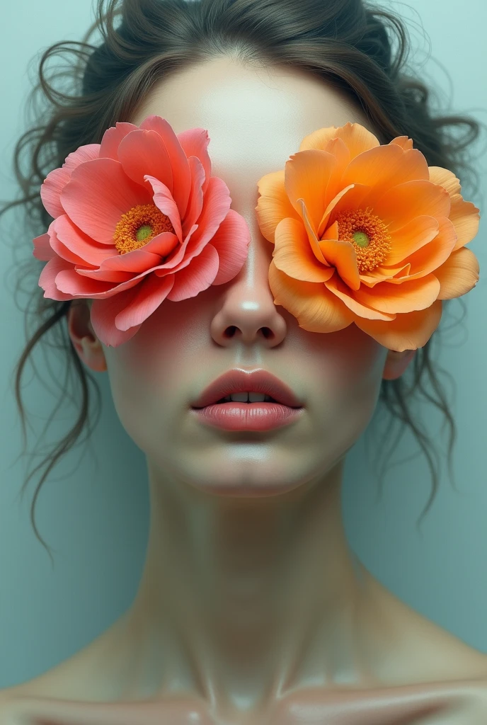 woman with two flowers covering her eyes