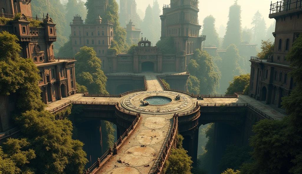 an intersection in a large abandoned steampunk city, it has three paths an underground tunnel, an open street and a forested area.
