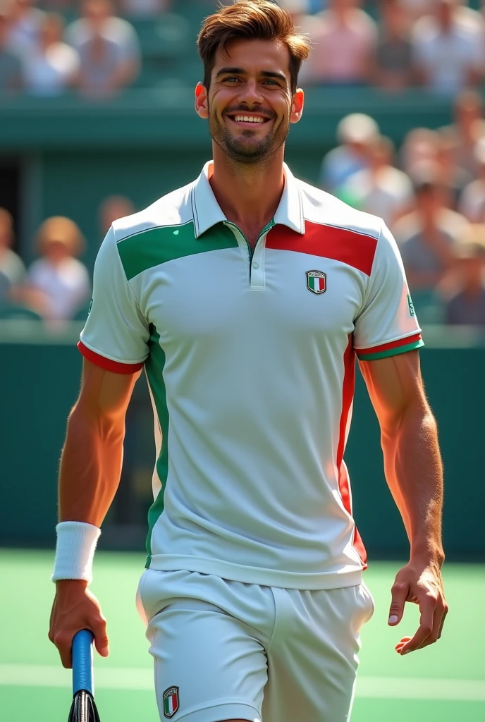 Tall Italian Man 1,82 tall, 29-years-old. White Caucasian tanned skin. short brown hair. big green eyes. Shaved. Wearing a tennis shirt, with symbol from Italy , white tennis shorts.leaving a tennis court with a racket in hand. Celebrating a victory