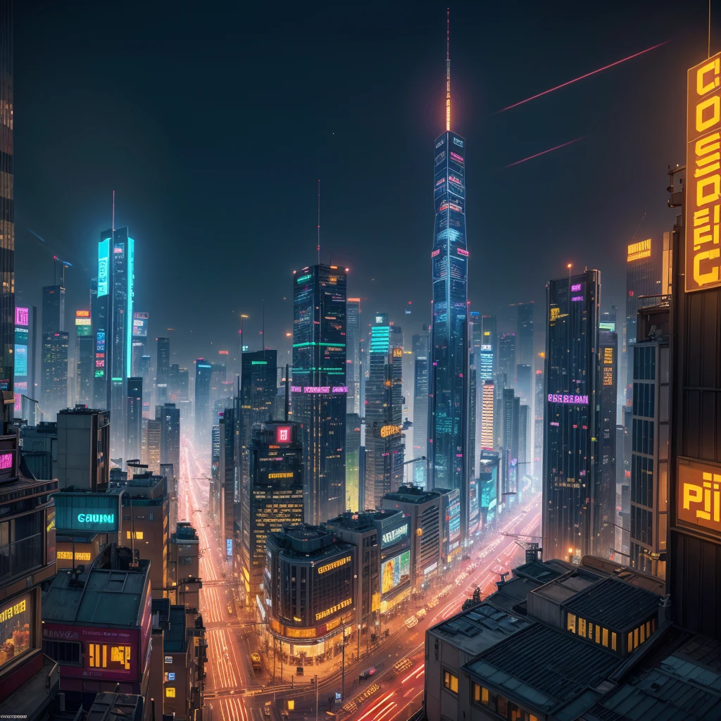 Cidade Digital e Econômica:"A digital city with pixelated skyscrapers and streets. Golden coins float above the buildings, symbolizing in-game currency. The scene is vibrant, with neon lights and a cyberpunk aesthetic, emphasizing the game’s economy and rewards system."