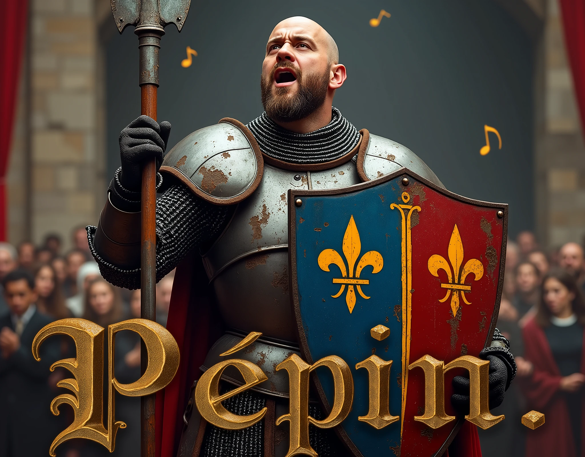 A depicting a man, singer, singing, holding a one-handed mace, and a shield with blue and red coat of arms thin vertical yellow sword painted upwards between 2lily flowers, damaged by fighting. medieval battered chain mail, bald, gloves, very battle-damaged. He's on stage in medieval castle, crowd, musical notes, with the words "Pépin" written in large golden letters in the foreground.