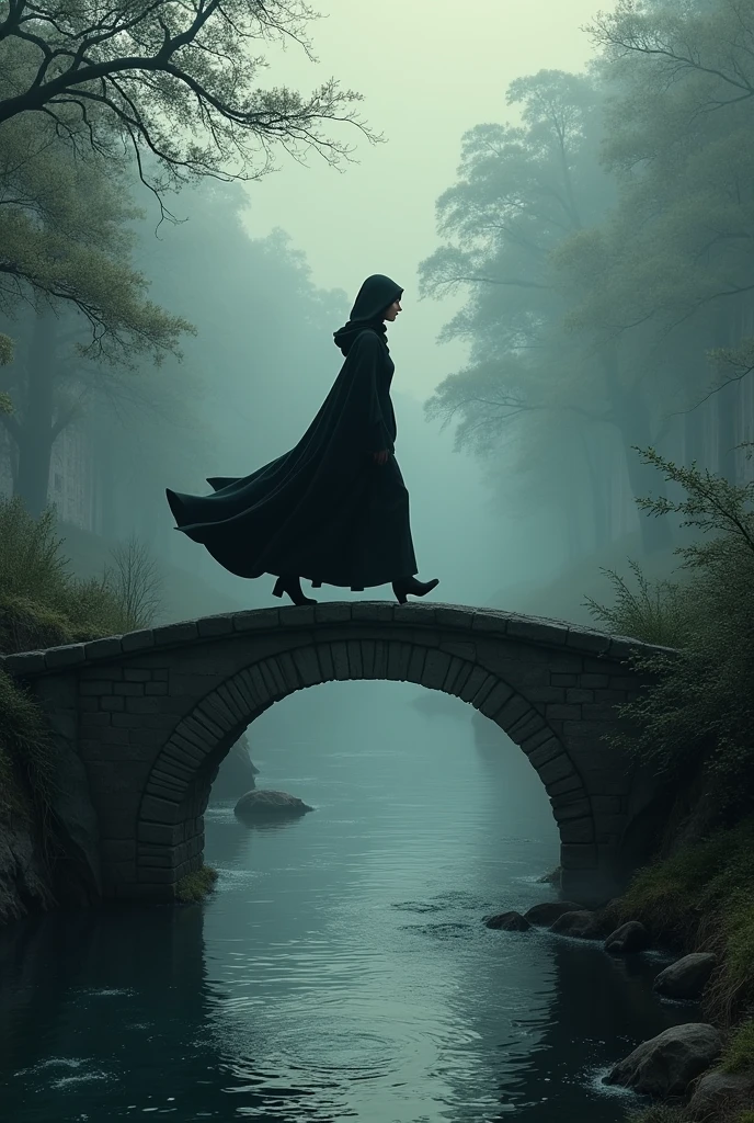 mysterious woman, black coat and hood, crossing an old bridge, gorgeous  woman, natta