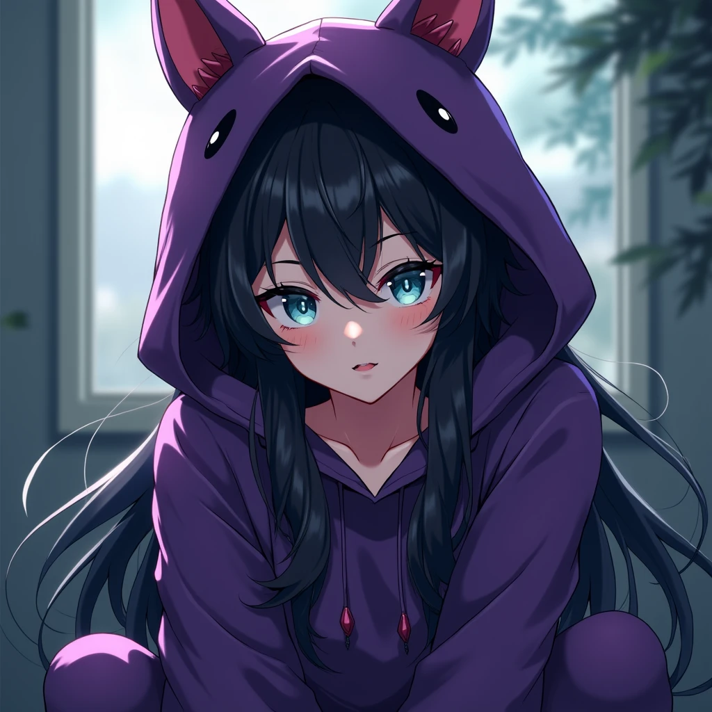 a long black-haired, teal blue-eyed sexy anime boy, wearing a cute purple gothic animal hoodie, cover head, long black hair, front view, knees down, overlook, beautiful, masterpiece, best quality,(((hot))) ((sexy pose))) (seductive))) (shiny)))