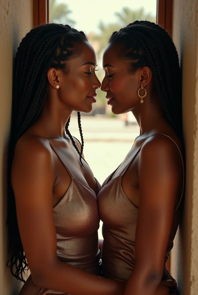 An evocative artwork featuring two women, one with Brazilian influences and the other African, showcasing the beauty of diversity. The detailed and cinematic lighting captures the essence of their natural surroundings, with attention to the play of shadows and ambient light. The composition emphasizes the curves and features of their bodies, celebrating the unique qualities of each individual. The artist skillfully employs techniques like wavy hair, deep ebony skin tones, and intricate facial details, creating a captivating visual experience.