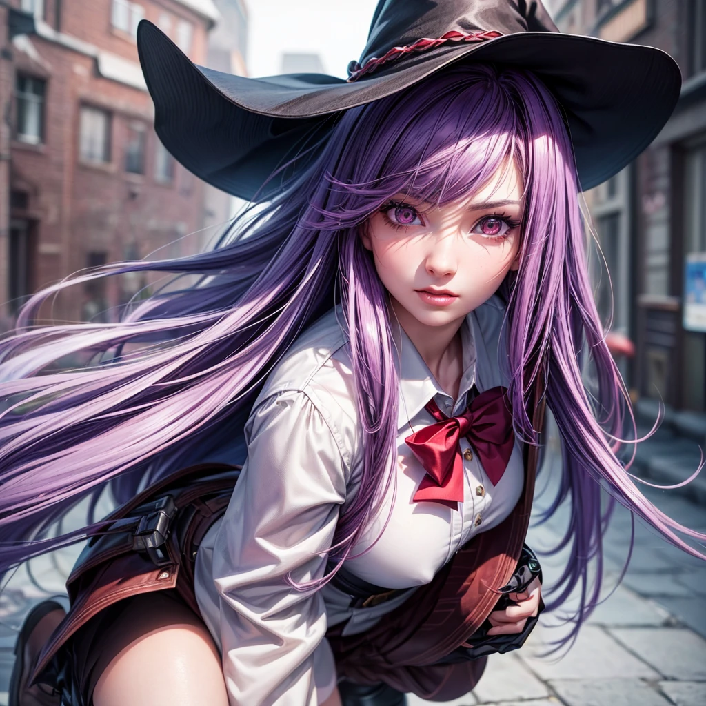 beautiful girl with long purple hair, witch hat, school uniform, long wand, boots, red bow, red eyes, about to release magic, hair tied to one side, detailed eyes, detailed lips, extremely detailed face, longeyelashes, fantasy, magical girl, cinematic lighting, vibrant colors, (best quality,4k,8k,highres,masterpiece:1.2),ultra-detailed,(realistic,photorealistic,photo-realistic:1.37),portrait