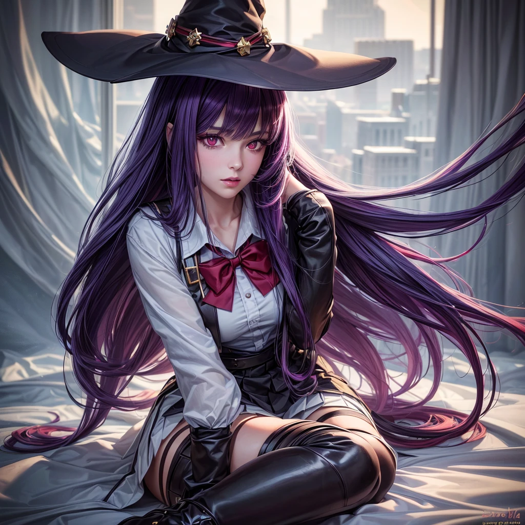 beautiful girl with long purple hair, witch hat, school uniform, long wand, boots, red bow, red eyes, about to release magic, hair tied to one side, detailed eyes, detailed lips, extremely detailed face, longeyelashes, fantasy, magical girl, cinematic lighting, vibrant colors