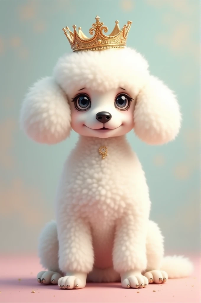 Create a small white French Poodle dog with a crown