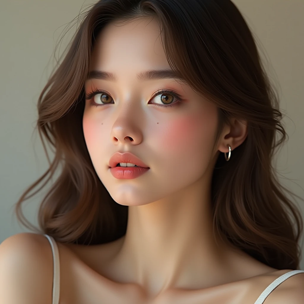 "Create a hyperrealistic portrait of a female model with delicate features. The model has an oval-shaped face with a smooth, porcelain-like complexion.. His eyes are big, almond-shaped and a soft light brown color, framed by long dark eyelashes. She has finely arched eyebrows that complement the delicate structure of her face.. His nose is small and elegant, and her lips are full with a soft natural pink tone. Her hair is long, wavy and brown in color, falling gently on his shoulders. The expression on her face is serene and graceful., with a slight hint of a smile. The background should be a soft pastel color and out of focus to keep the focus on your delicate features.. The lighting is soft and even, highlighting the subtle contours of your face, giving the image a warm and cozy feel."