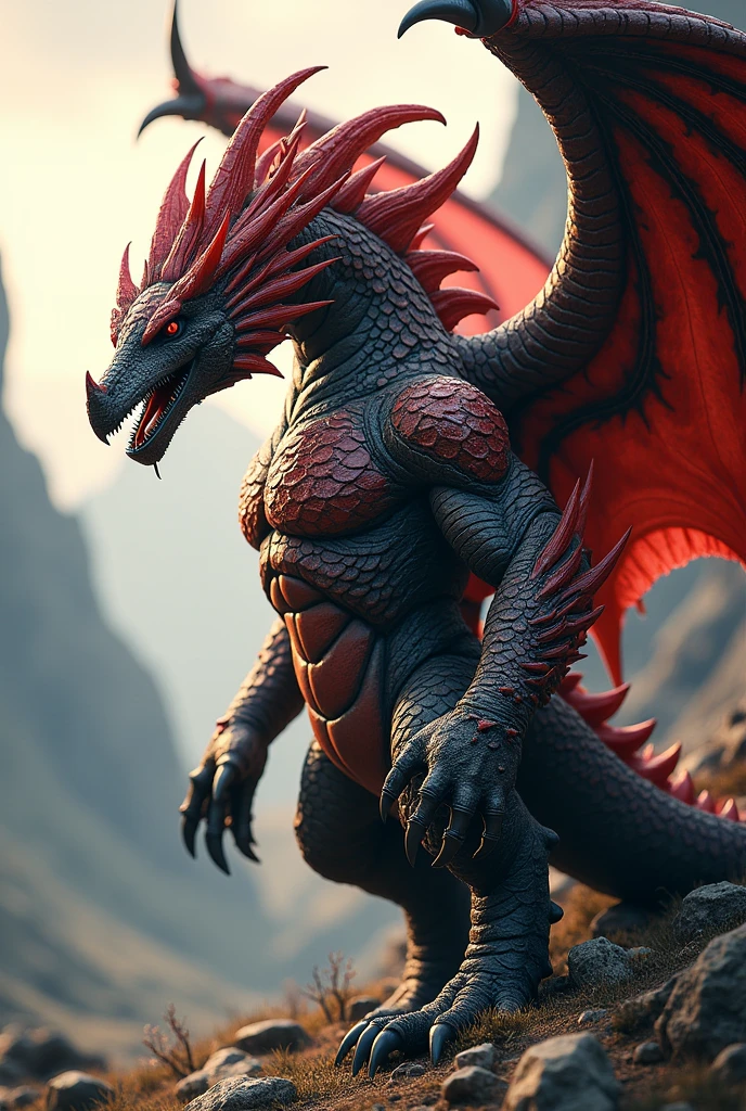 Create a highly detailed and realistic image of a humanized Rathalos from Monster Hunter in the style of sea art. The character should have dragon-like features, including scaled skin, sharp claws, and wings. He should have a muscular and powerful build, with fierce and determined eyes. His armor should reflect the iconic Rathalos design, incorporating red and black scales, spikes, and intricate patterns. The background should be a rugged, mountainous landscape with a hint of a sunset, adding to the dramatic and powerful atmosphere of the scene.