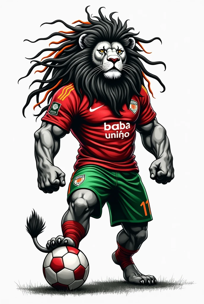 create a drawing of a black and white lion with dreadlocks in his red and green mane standing and stepping on a soccer ball dressed in a soccer team uniform without a shield with the colors red and green written BABA UNIÃO