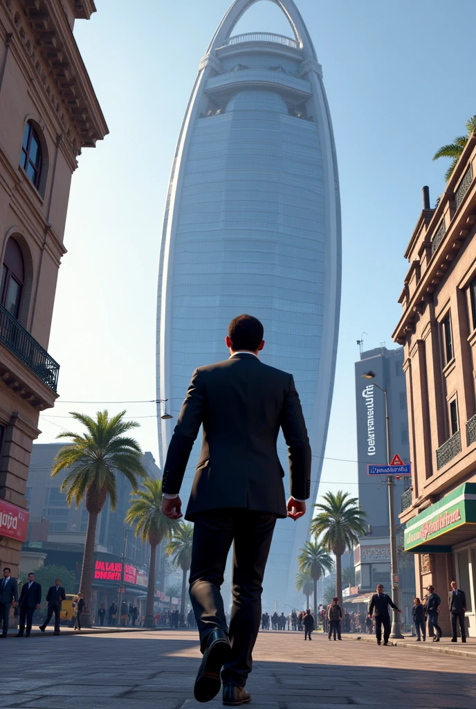 Emmanuel Macron walking in front of the Eclipse Tower from the GTA V video game, with a third view from behind at height, in the video game genre.