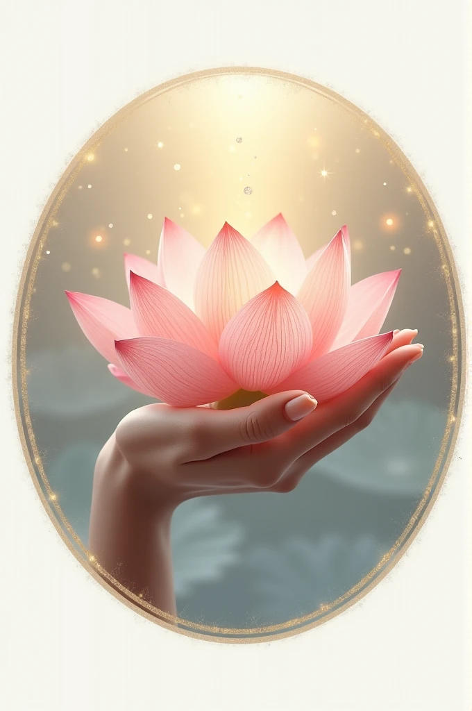 Un logo très détaillé hyper réaliste d'une main tenant une belle fleur de lotus revisité améliorée encore jamais vue, des étincelles et des lueurs doré 
Le tout dans un cercle double parois 
Fond clair et couleur pastel