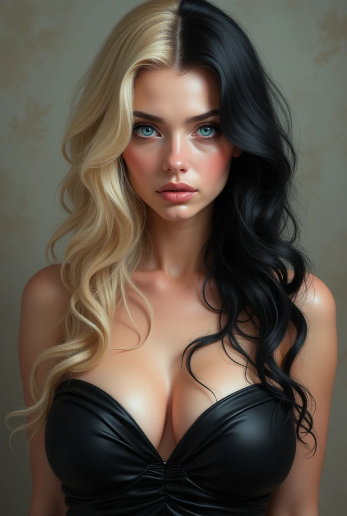 Blond women réalist with black hair and blue eyes with big chest gross
