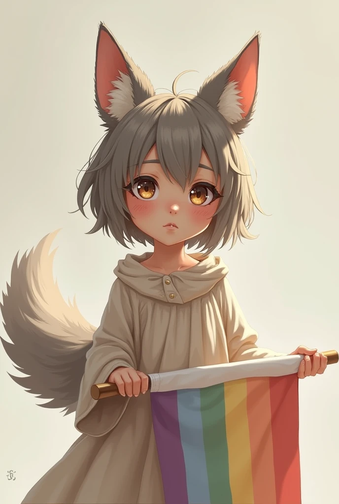 Girl with wolf ears and tail holding heterosexual flag 
